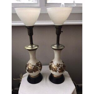 Pair Mid Century White Ribbed Glass Hand Painted Table Lamps